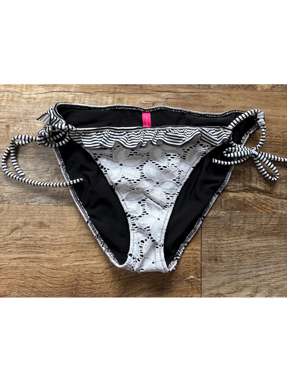 Victoria's Secret Large Black and White Floral Lace Bikini Bottom with Stripes